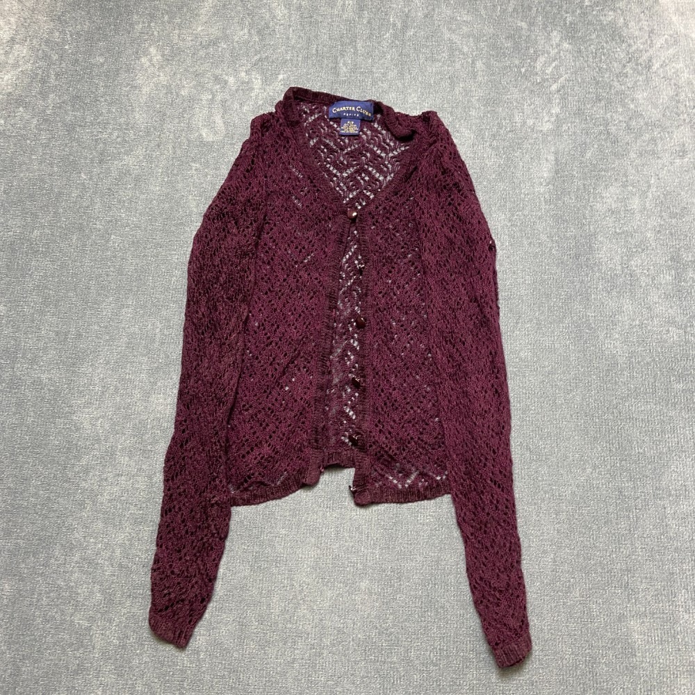 Charter Club Cardigan Sweater Womens P Burgundy Open Knit Button Front V Neck